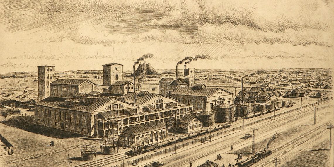 Keemiatööstuse ajalugu. Aastail 1926–1940 Eestis elanud Ungari kunstniku Ernö Kochi joonis Eesti Kiviõli vabrikust 1936. aastal.