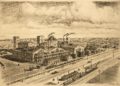 Keemiatööstuse ajalugu. Aastail 1926–1940 Eestis elanud Ungari kunstniku Ernö Kochi joonis Eesti Kiviõli vabrikust 1936. aastal.