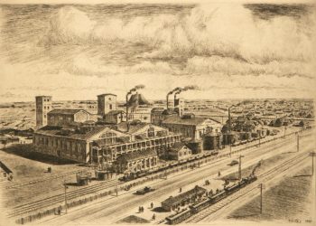 Keemiatööstuse ajalugu. Aastail 1926–1940 Eestis elanud Ungari kunstniku Ernö Kochi joonis Eesti Kiviõli vabrikust 1936. aastal.