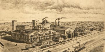 Keemiatööstuse ajalugu. Aastail 1926–1940 Eestis elanud Ungari kunstniku Ernö Kochi joonis Eesti Kiviõli vabrikust 1936. aastal.