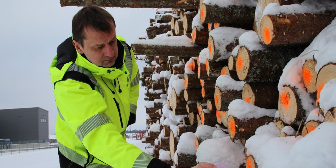 Toftani juht Martin Arula märgistab hakkimiseks toodud puitu. Puidutööstused keskkonnasõbralikku energiat tootmas. Foto: Scanpix/Tomi Saluveer/LEPM