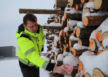 Toftani juht Martin Arula märgistab hakkimiseks toodud puitu. Puidutööstused keskkonnasõbralikku energiat tootmas. Foto: Scanpix/Tomi Saluveer/LEPM