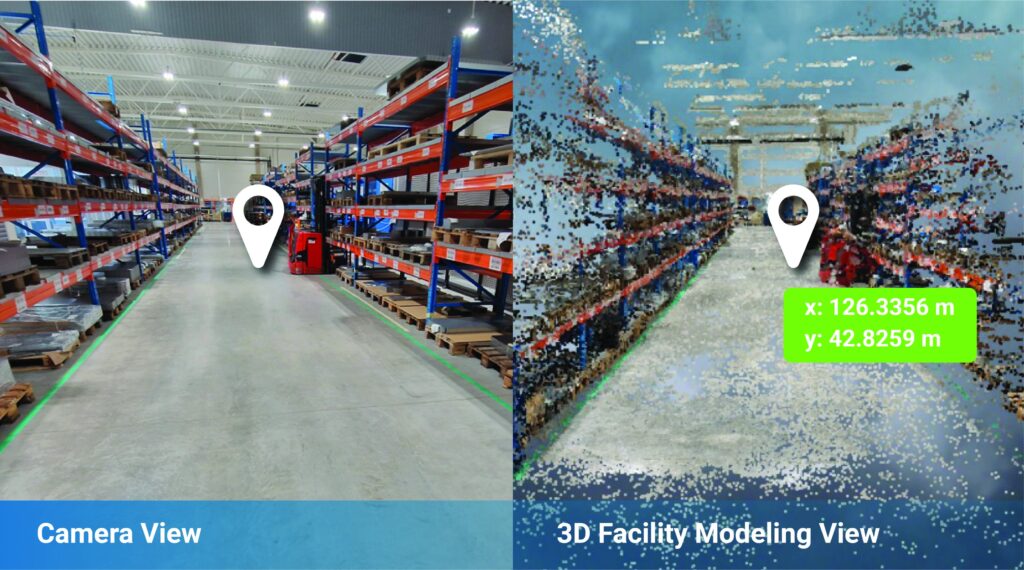 Projekti iseloomustab nn 3D-rajatis (3D facility), kus on visuaalselt näha, kuidas 3Dmodelleerimisvaade
erineb tavalisest kaameravaatest tehases või laos.