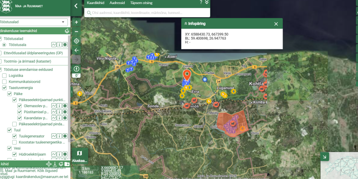 Tööstusalade kaardirakendusest saab aimu ettevõtluse arendamiseks mõeldud maa-aladest, lähikonnas asuvast energiatootmisest, juurdepääsuteedest jm taristust. Kaardirakendus on kõigile huvilistele saadaval MARU geoportaalis. Allikas: Geoportaal